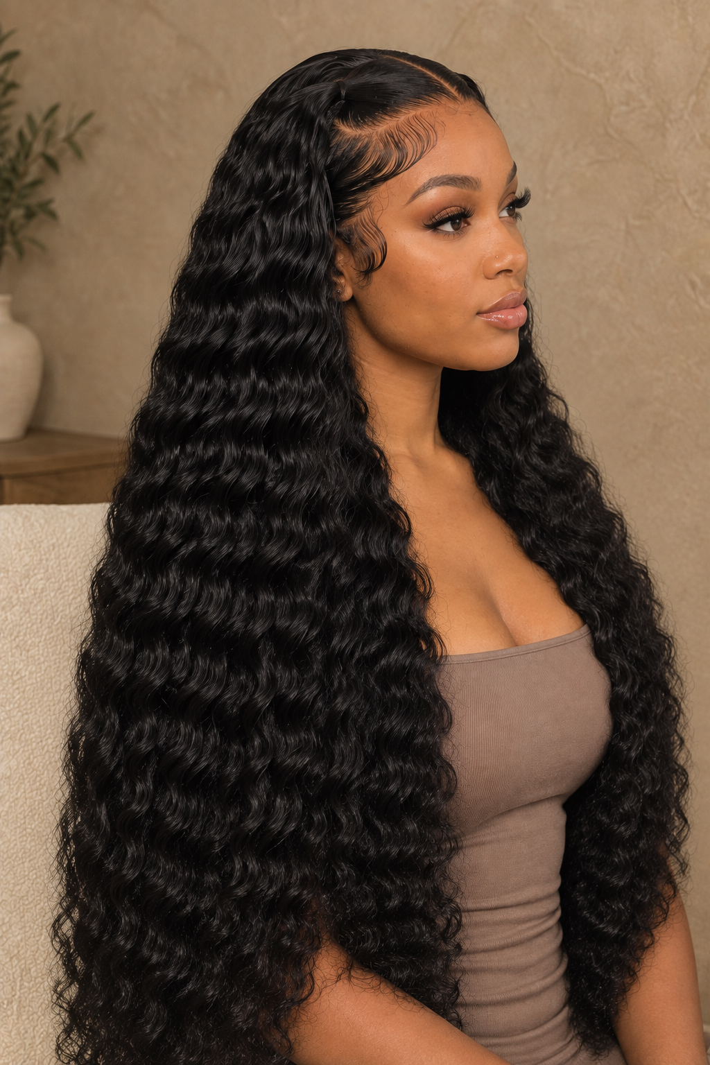 Natural-black deep-wave wig side profile