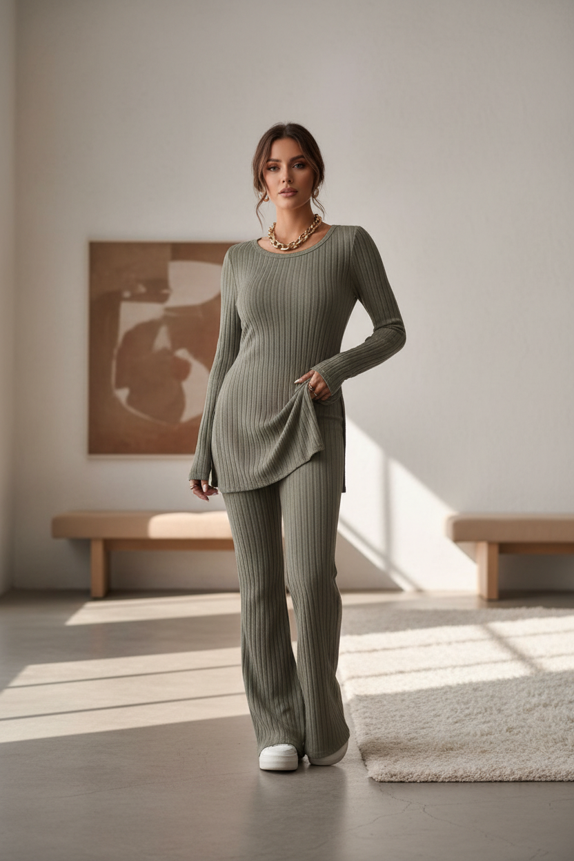 Olive Ribbed Knit Set