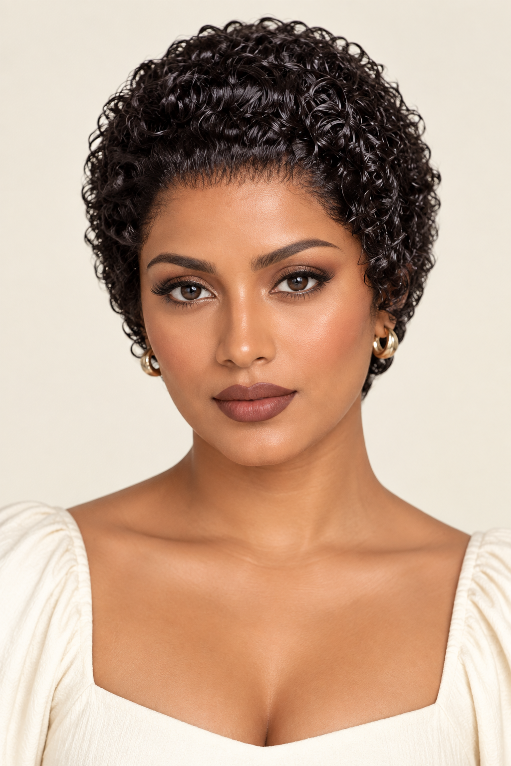 A woman with short, curly black hair wearing a cream puff-sleeve top and gold hoop earrings, photographed against a plain light beige background.