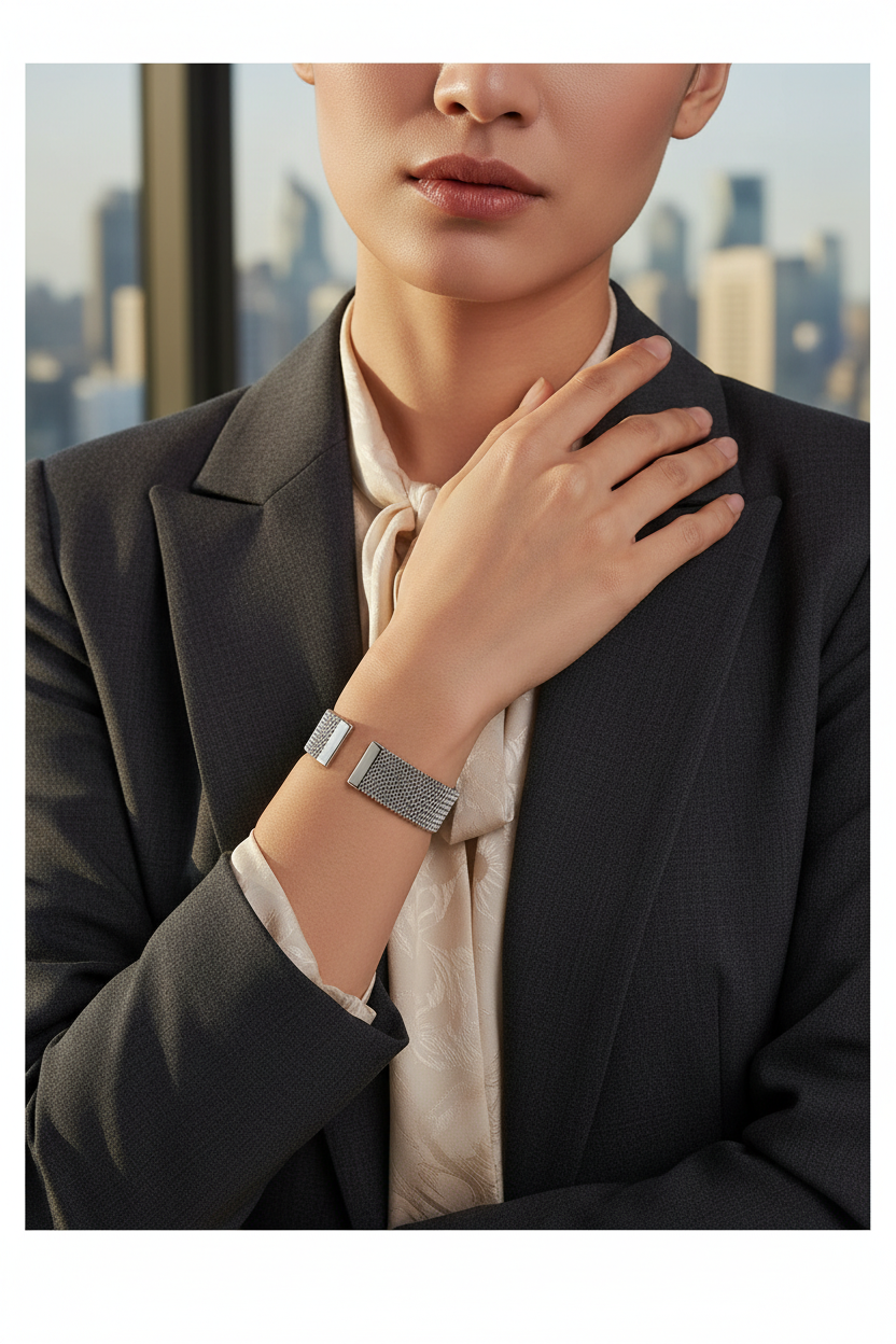 Platinum-color cuff bracelet, East Asian woman