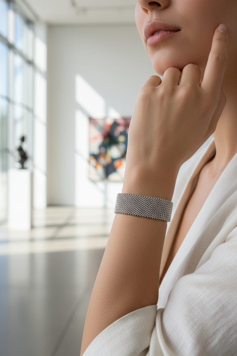 Platinum-color cuff bracelet, Latina woman