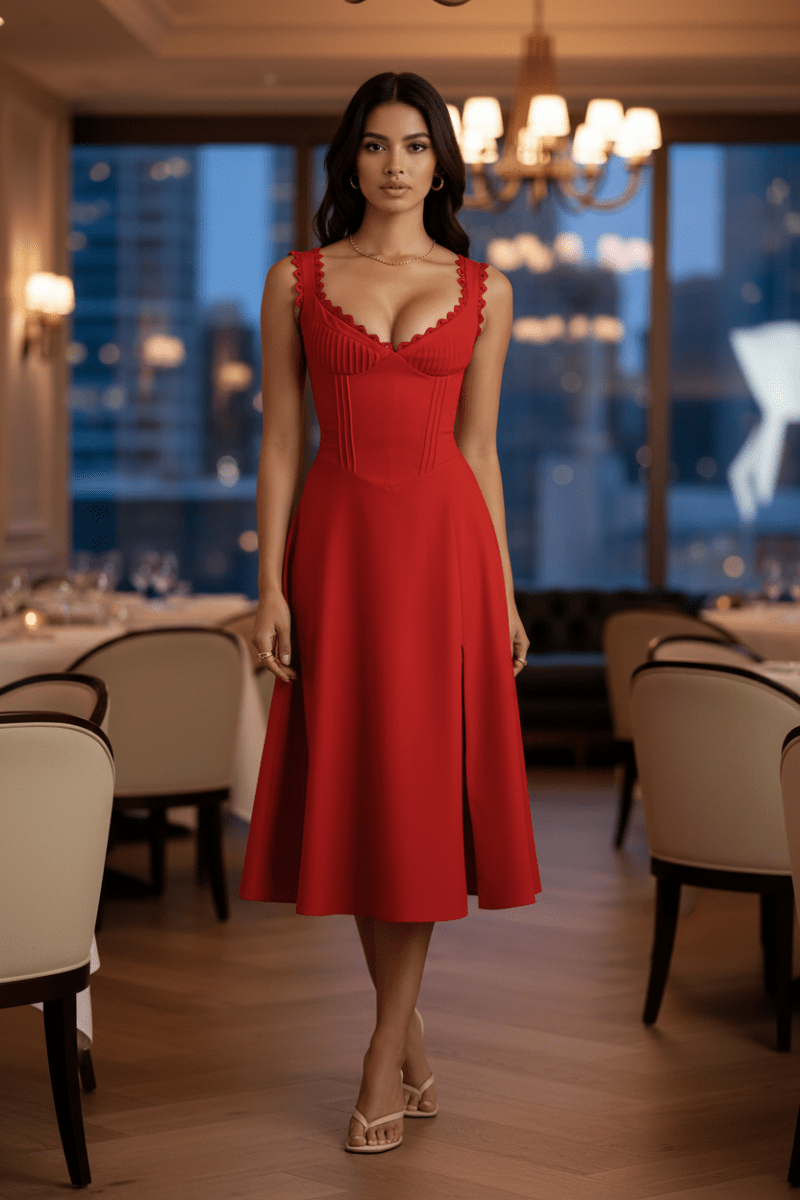 Scalloped V-Neck Midi Dress with Back Lace-Up | 2 Colors - The PM Edit