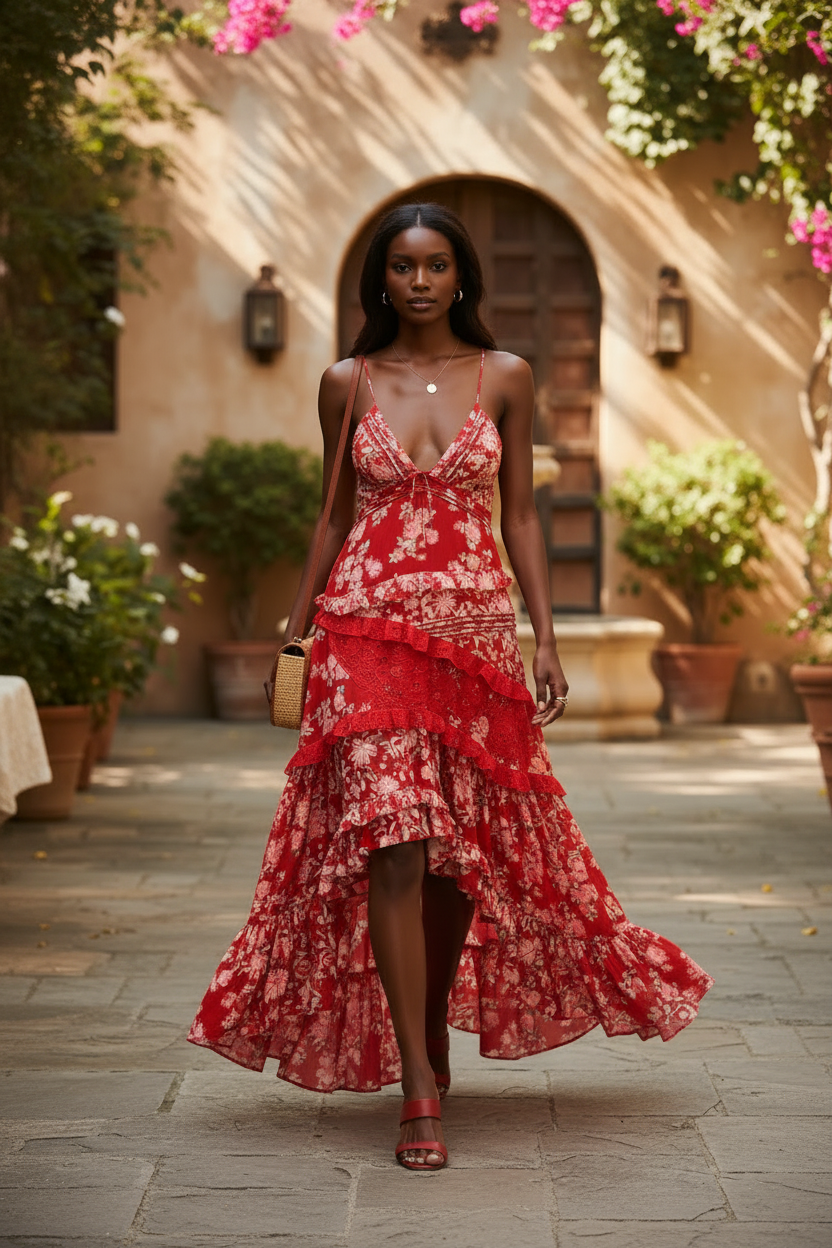 Red floral maxi dress pin