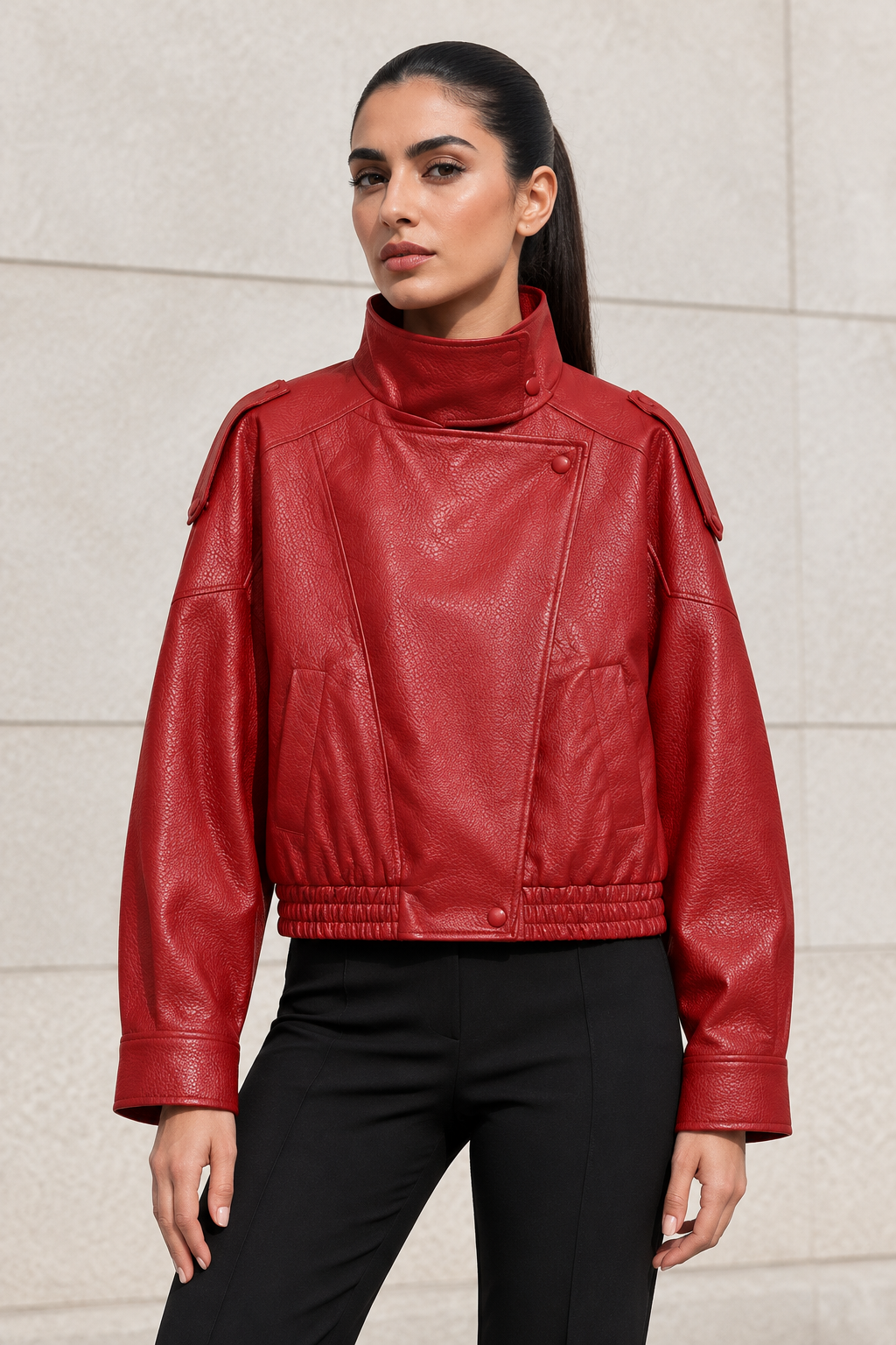 •  A professional model wearing a tailored wardrobe separate layout styling the matte black pebble leather jacket open to showcase a clean day-to-night lifestyle transition.
