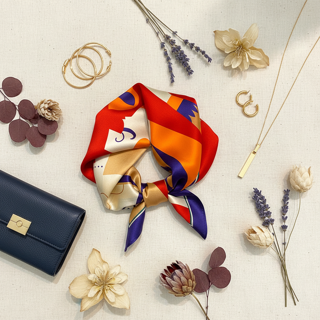Red/Orange/Purple Scarf — Flat Lay