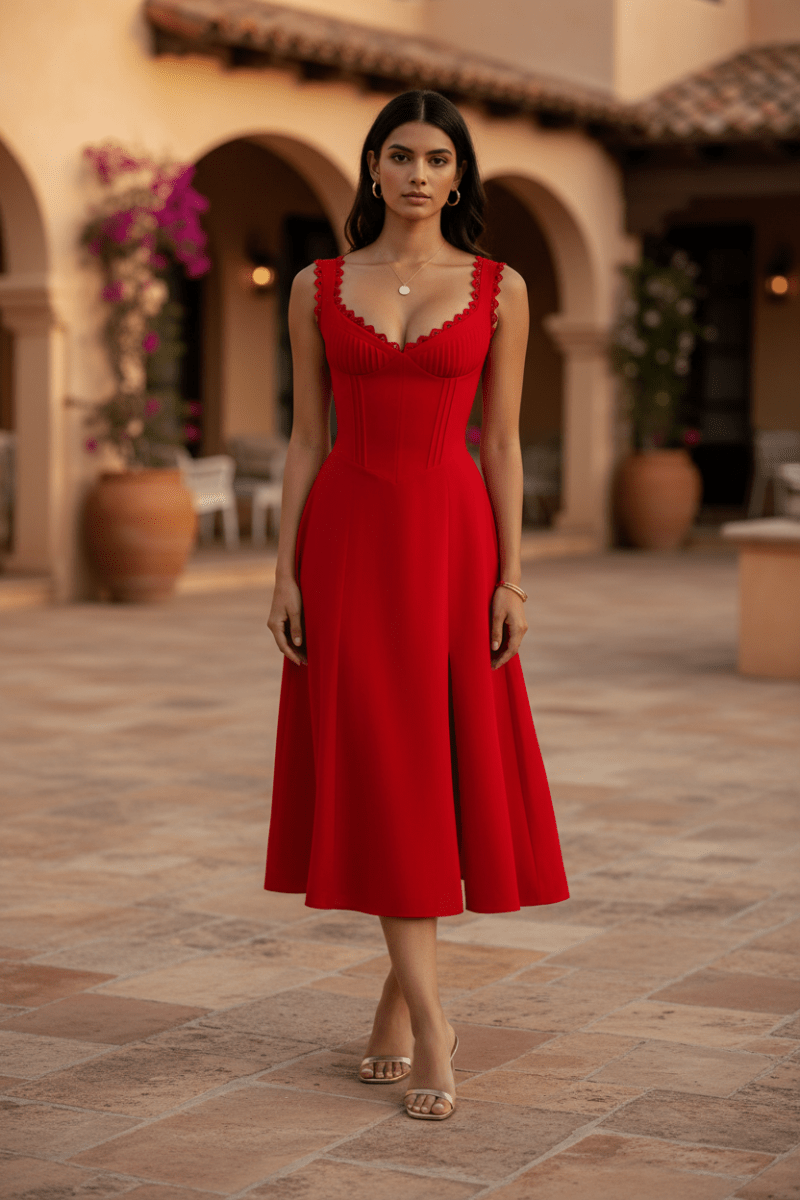 Scalloped V-Neck Midi Dress with Back Lace-Up | 2 Colors - The PM Edit