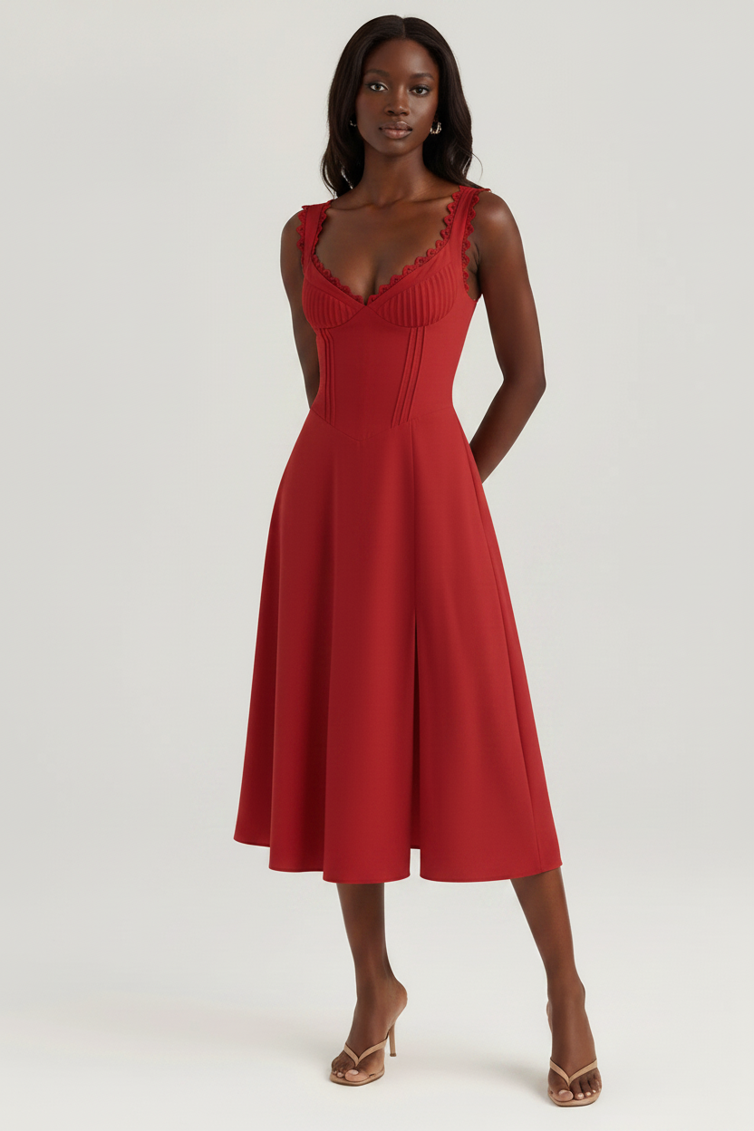Red scalloped V-neck midi dress