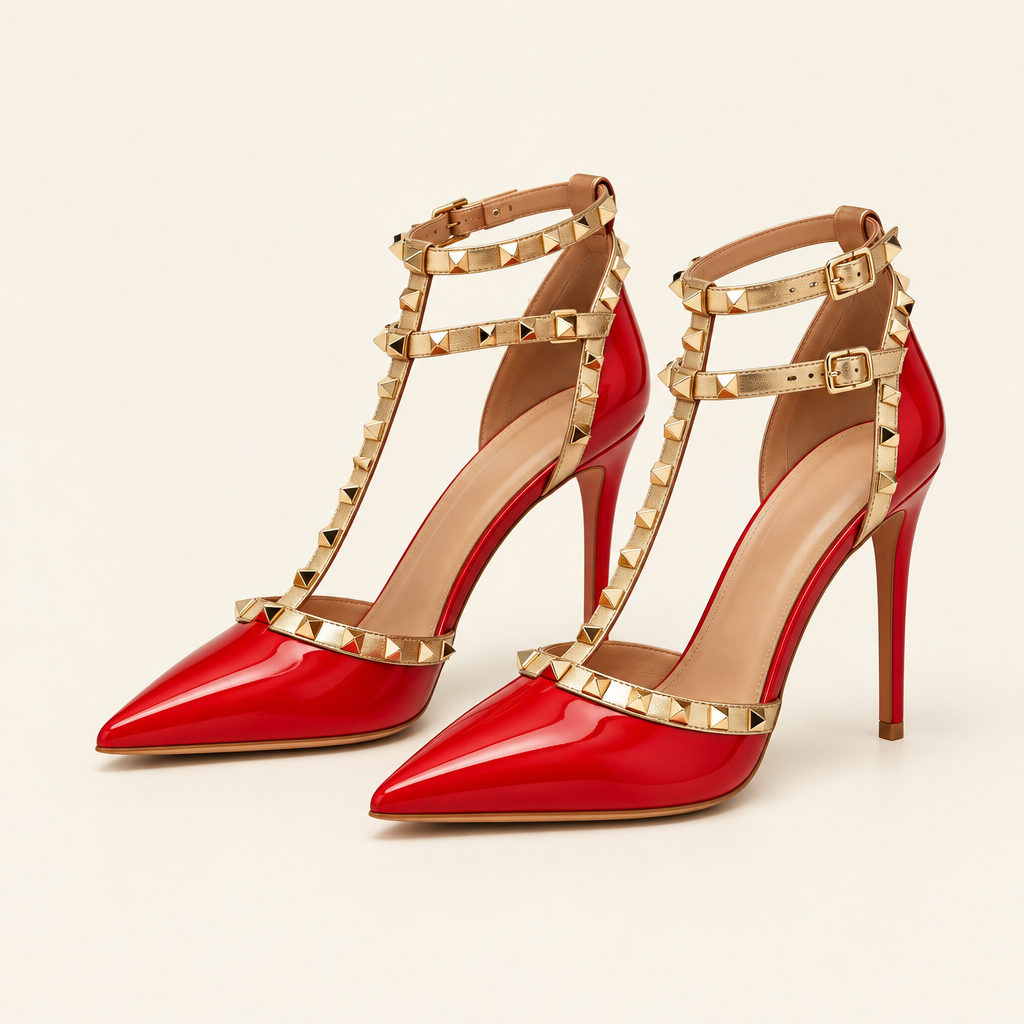 A pair of red pointed-toe high heels with gold studded straps and ankle buckles, photographed on a clean off-white background.