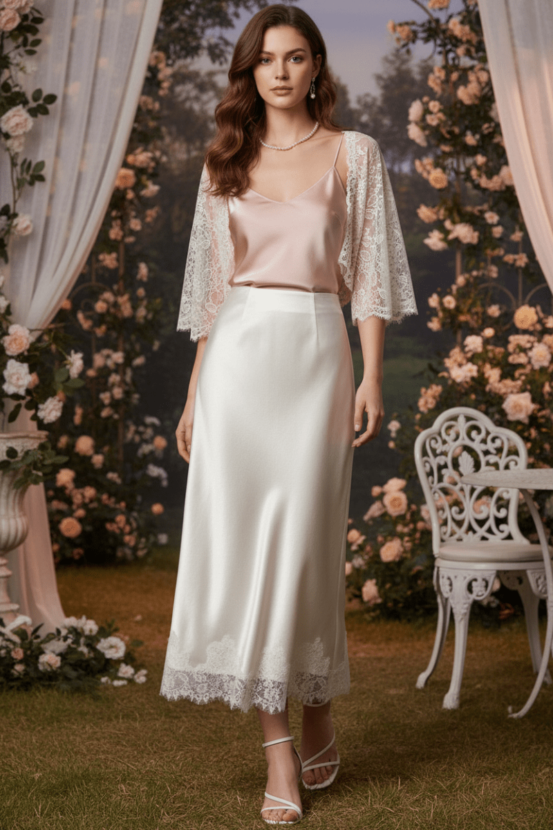 Satin Midi Skirt With Lace Trim - The PM Edit