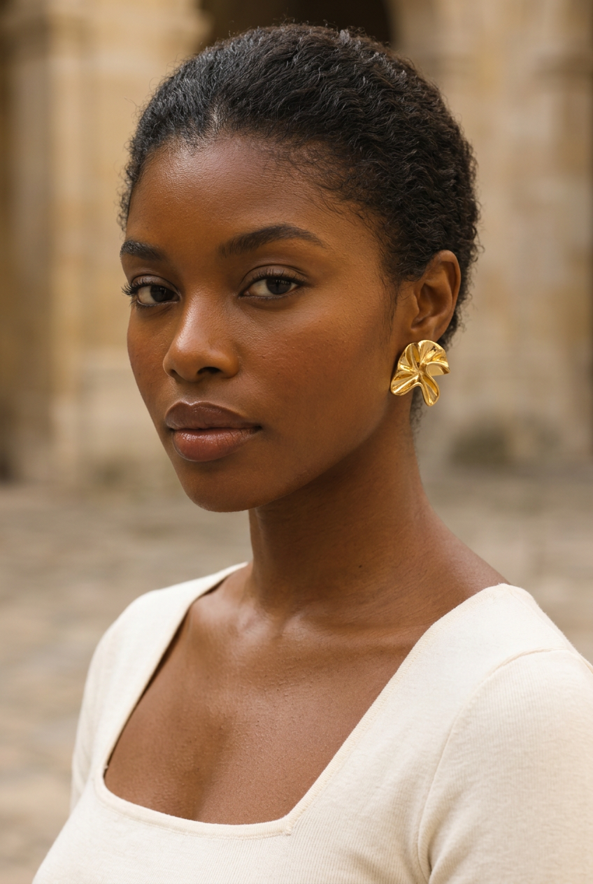 Sculptural flower studs — Gold portrait