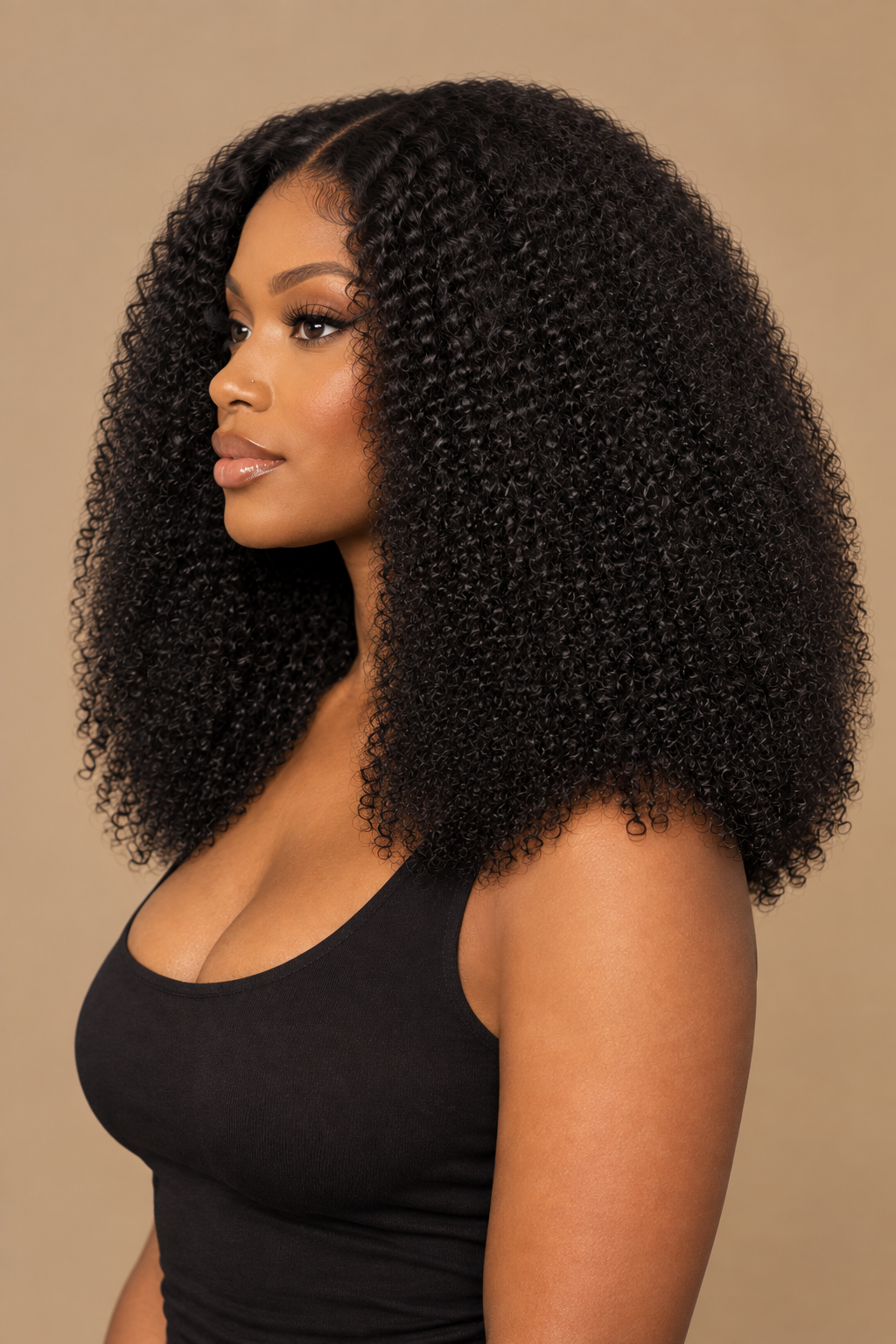 Short dense kinky-curly wig side profile