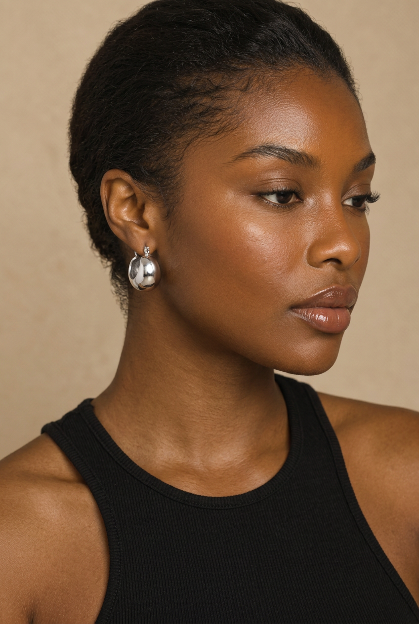 Silver chunky hoops — three-quarter close-up
