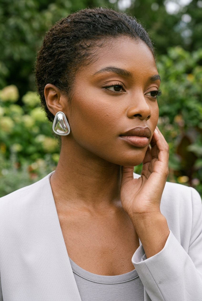 Silver earrings — botanical close-up