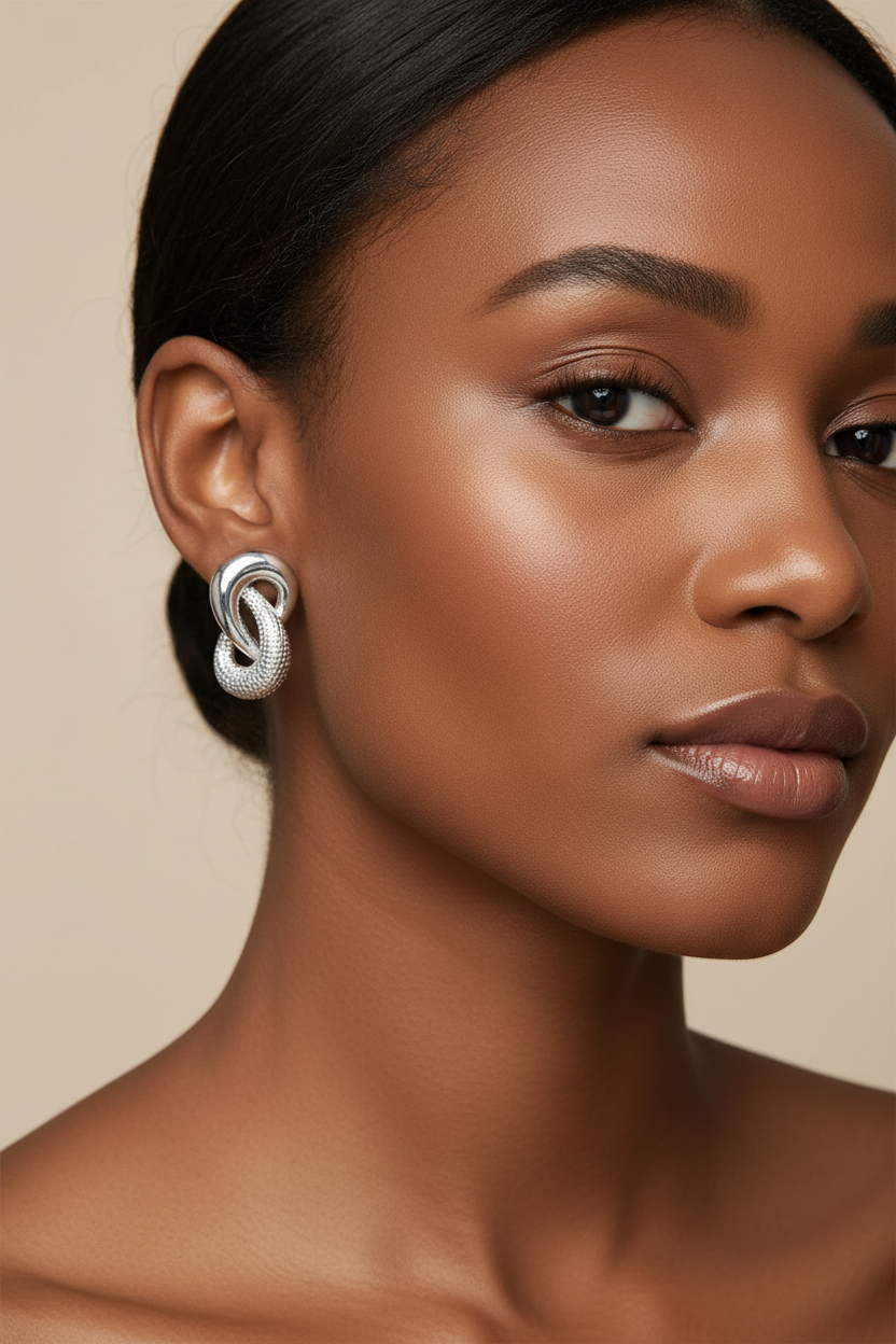 Silver interlocking stud earrings lifestyle image