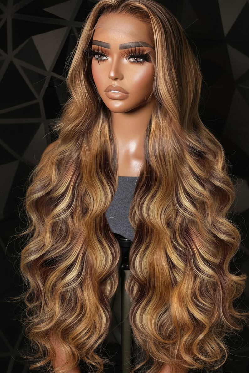 Mannequin head with long, wavy, brown hair styled in a wig against a geometric patterned background.