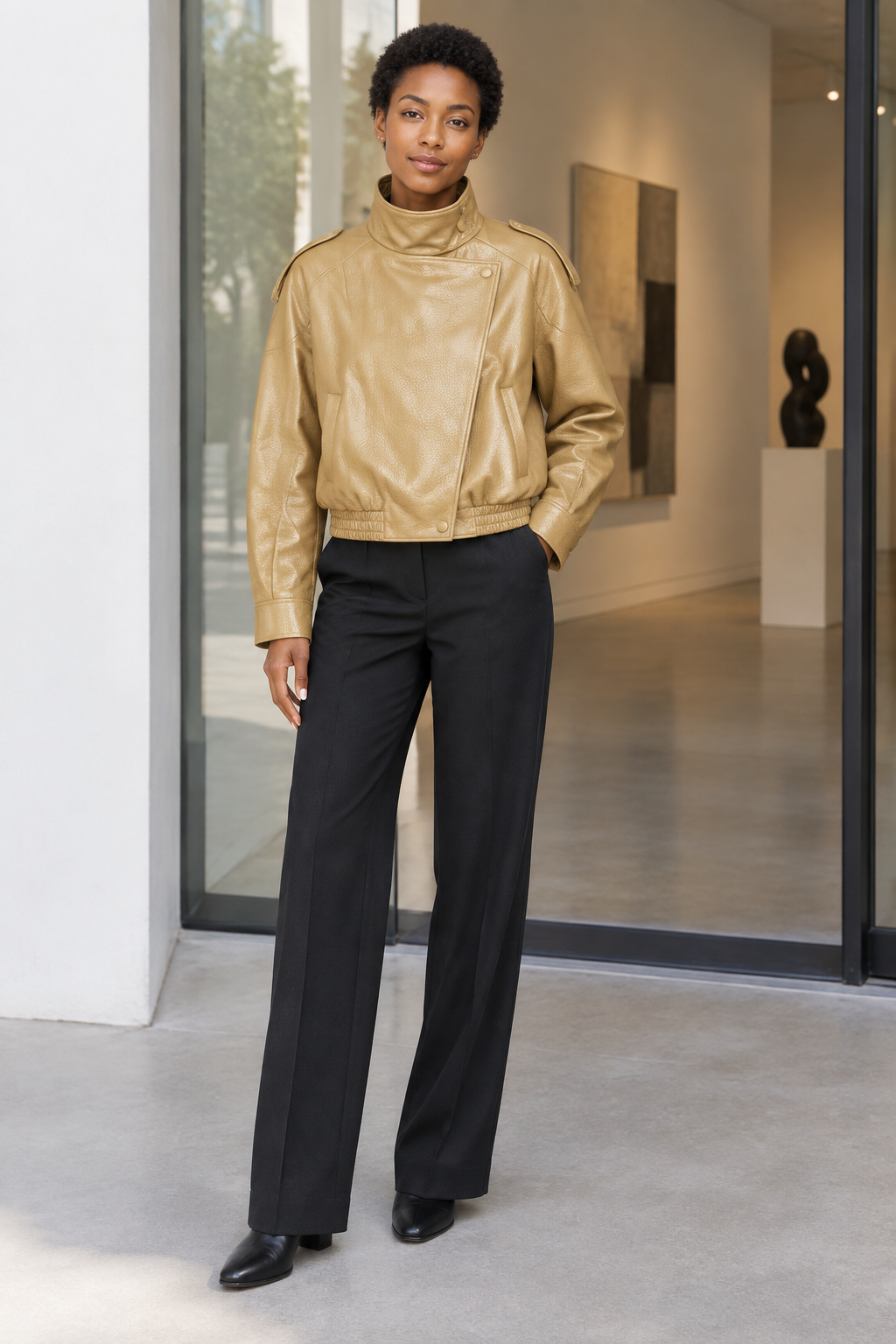  Front landscape view of the structured pebble faux leather jacket in matte black showcasing the heavy-duty metal zipper front closure array and turn-down collar layout Tan jacket lifestyle image