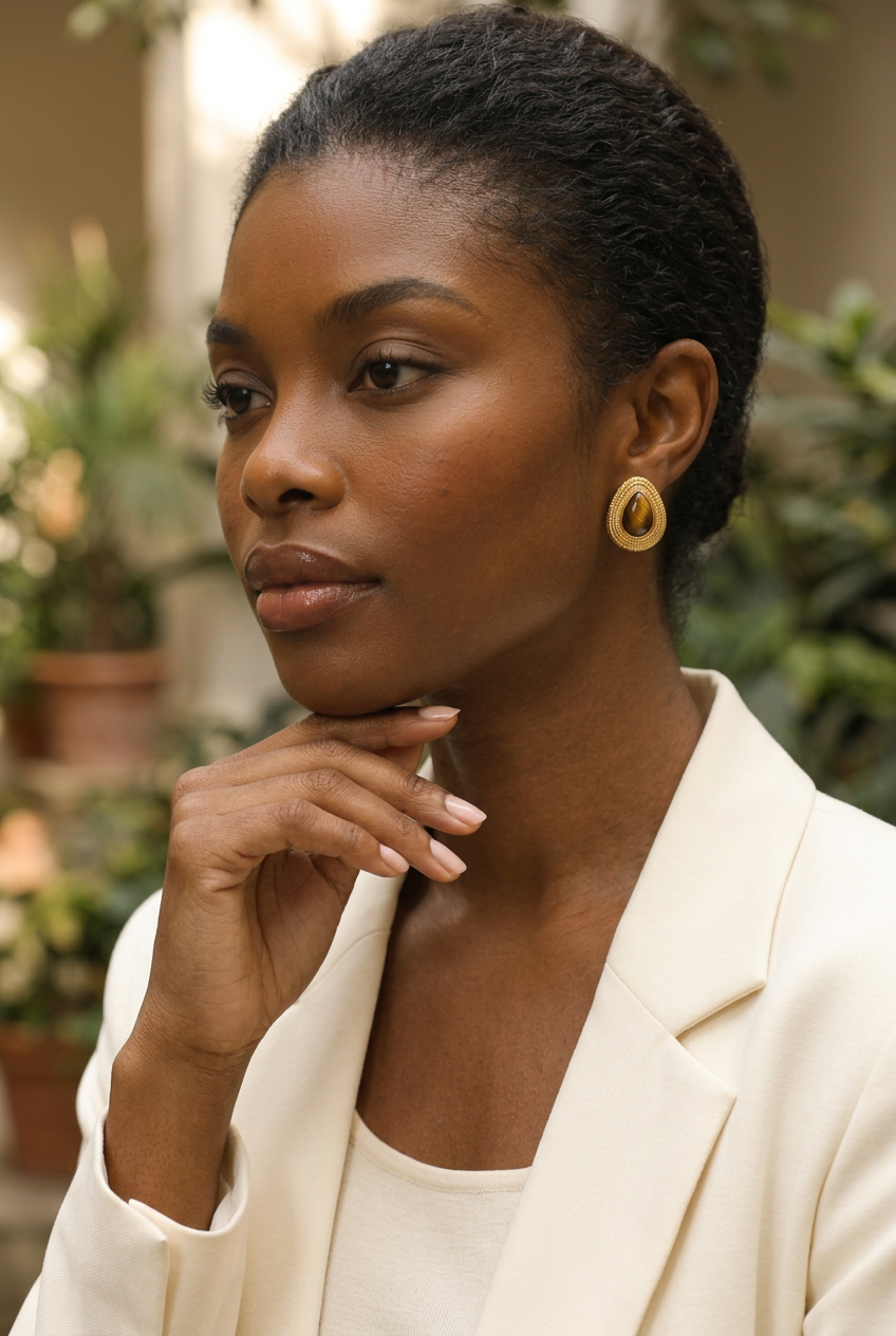 Tiger studs — three-quarter detail