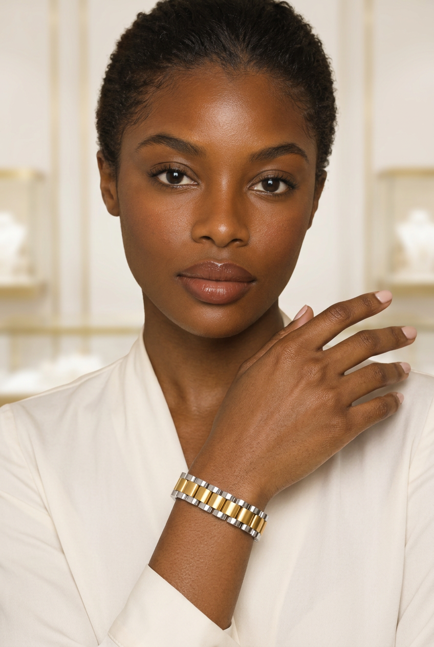 Two-tone bracelet — fastened, links facing camera