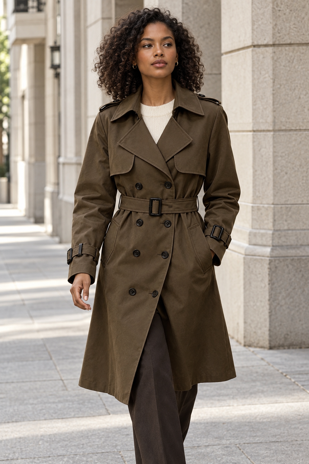 Walking look in the Deep Brown trench coat