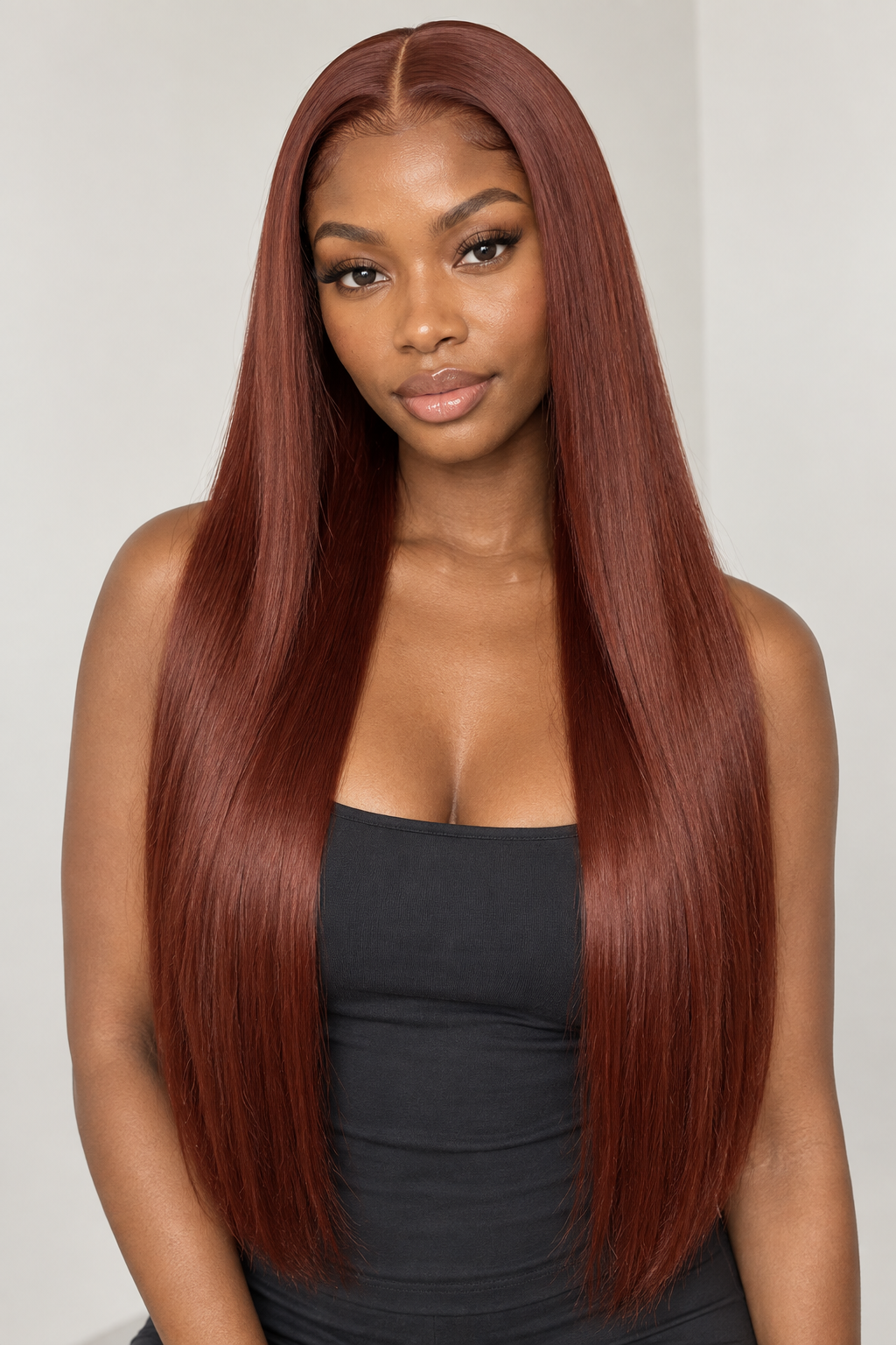 Warm auburn straight wig on Black model