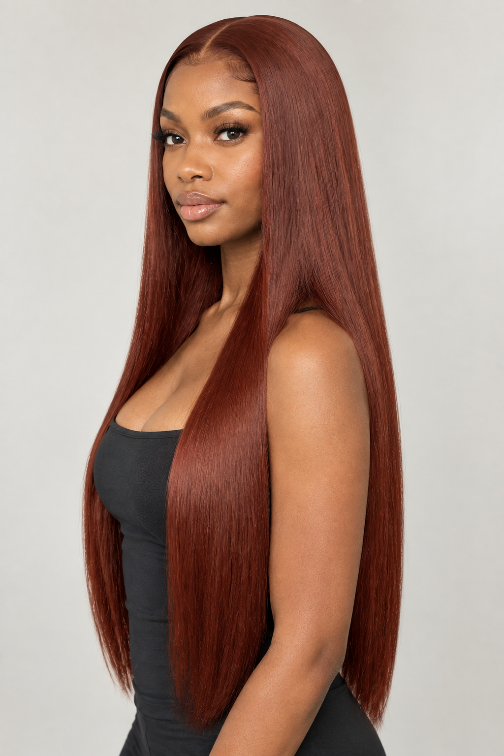 Warm auburn wig Black model side profile
