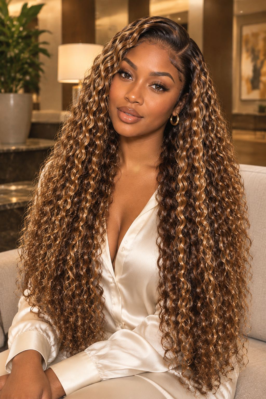 A woman with long, voluminous, dark brown to light brown curly hair sits on a light-colored sofa in an indoor setting. She is wearing a white satin robe.