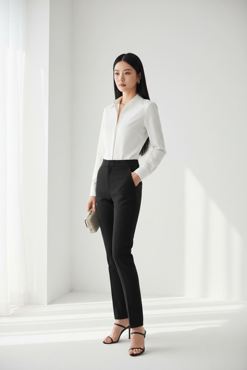 White - East Asian woman, white studio