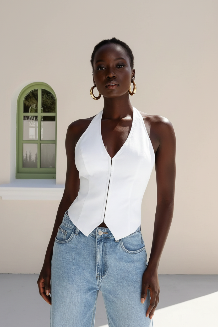White Halter Tank – Black Model