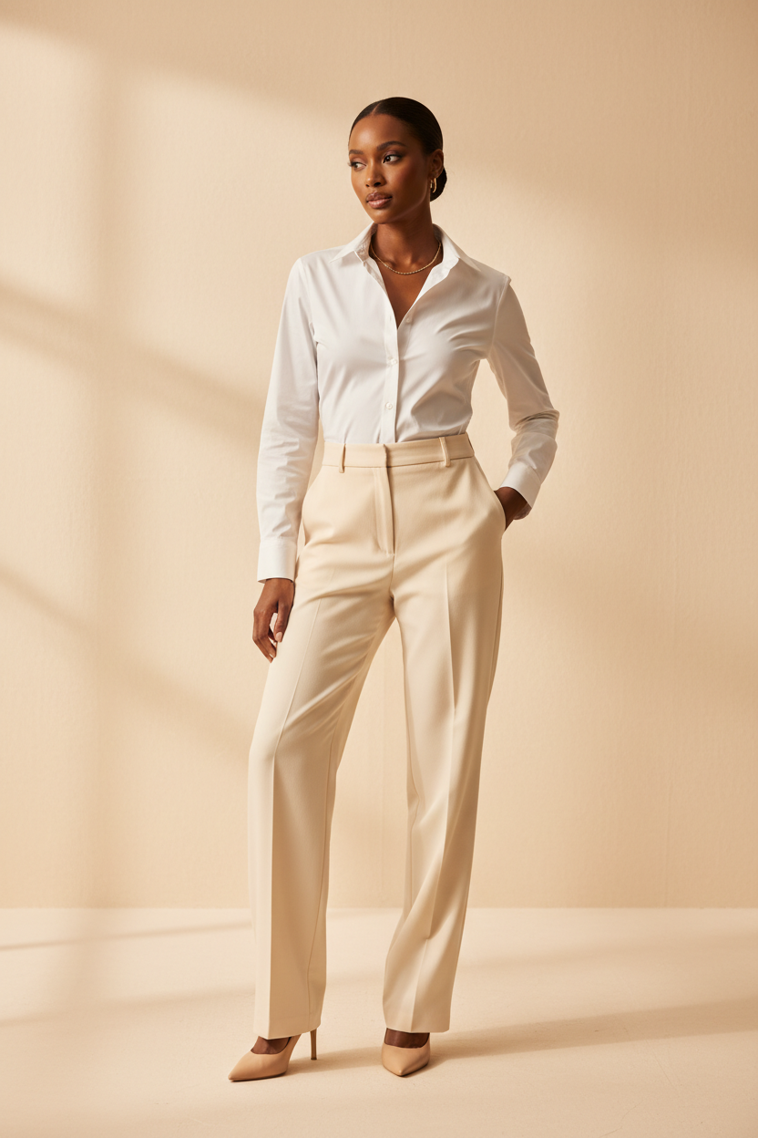 White - Light-skinned Black woman, ivory studio