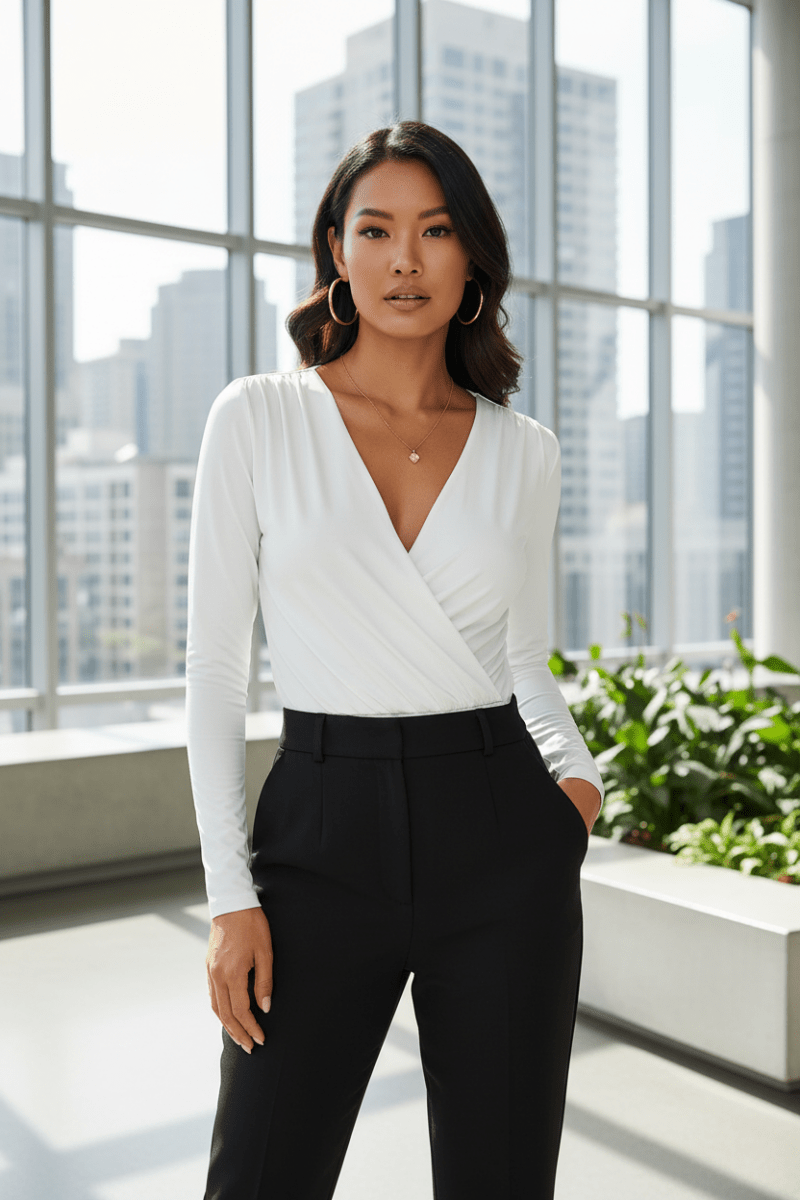 Surplice Long Sleeve Bodysuit | Wrap Neckline Stretch Fit - The PM Edit