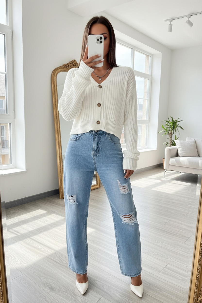 White Ribbed Cardigan - Denim