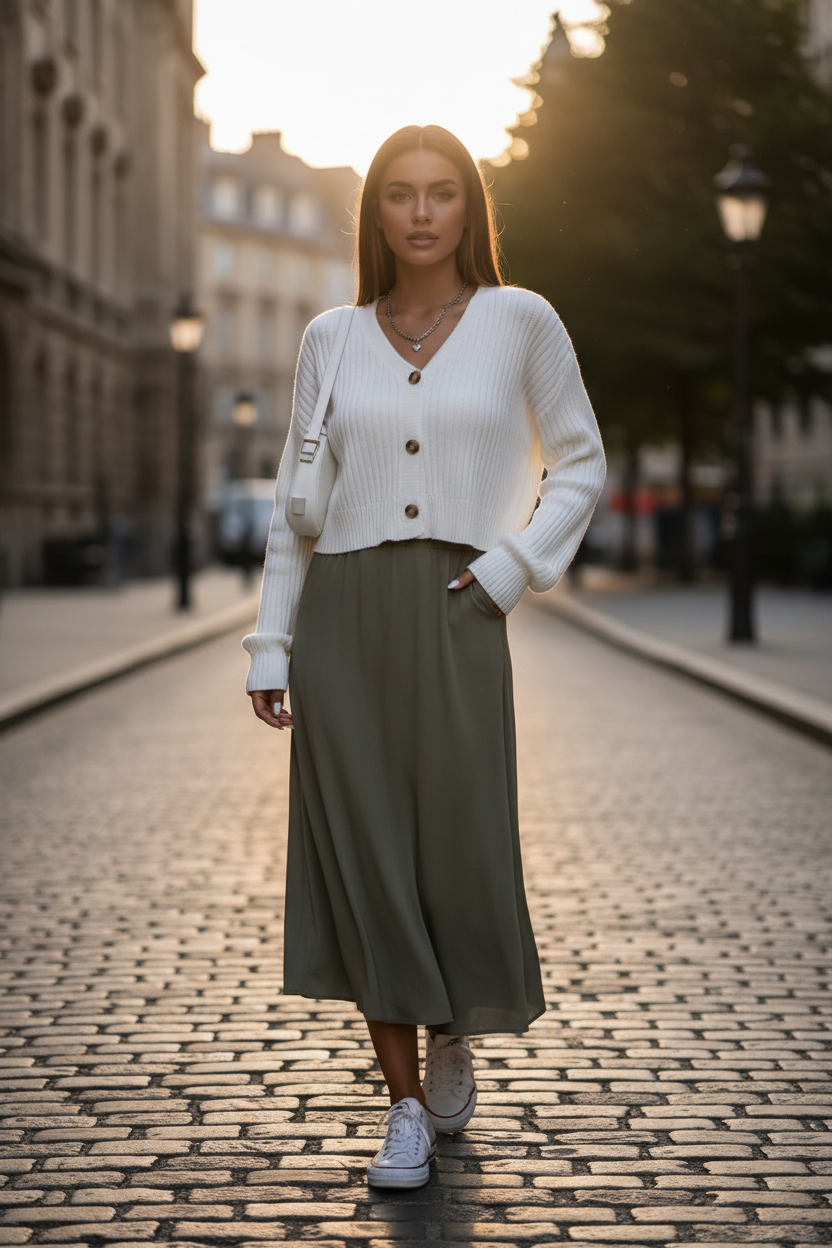 White Ribbed Cardigan - Midi Skirt