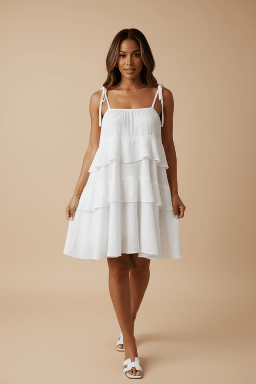 White Tiered Ruffle Tie-Shoulder Mini Dress | S–2XL - The PM Edit