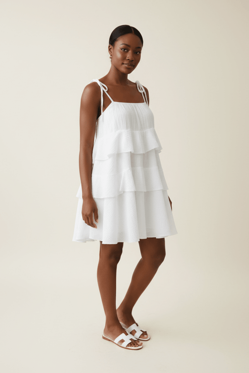 White Tiered Ruffle Tie-Shoulder Mini Dress | S–2XL - The PM Edit