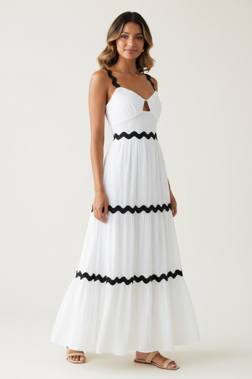 White tiered scalloped-trim maxi dress