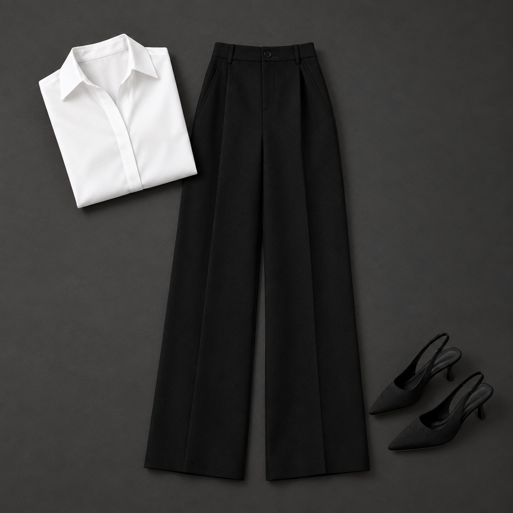 A styled flat-lay outfit set featuring black wide-leg pleated trousers, a folded white collared shirt, and a pair of black slingback high heels on a dark gray background.
