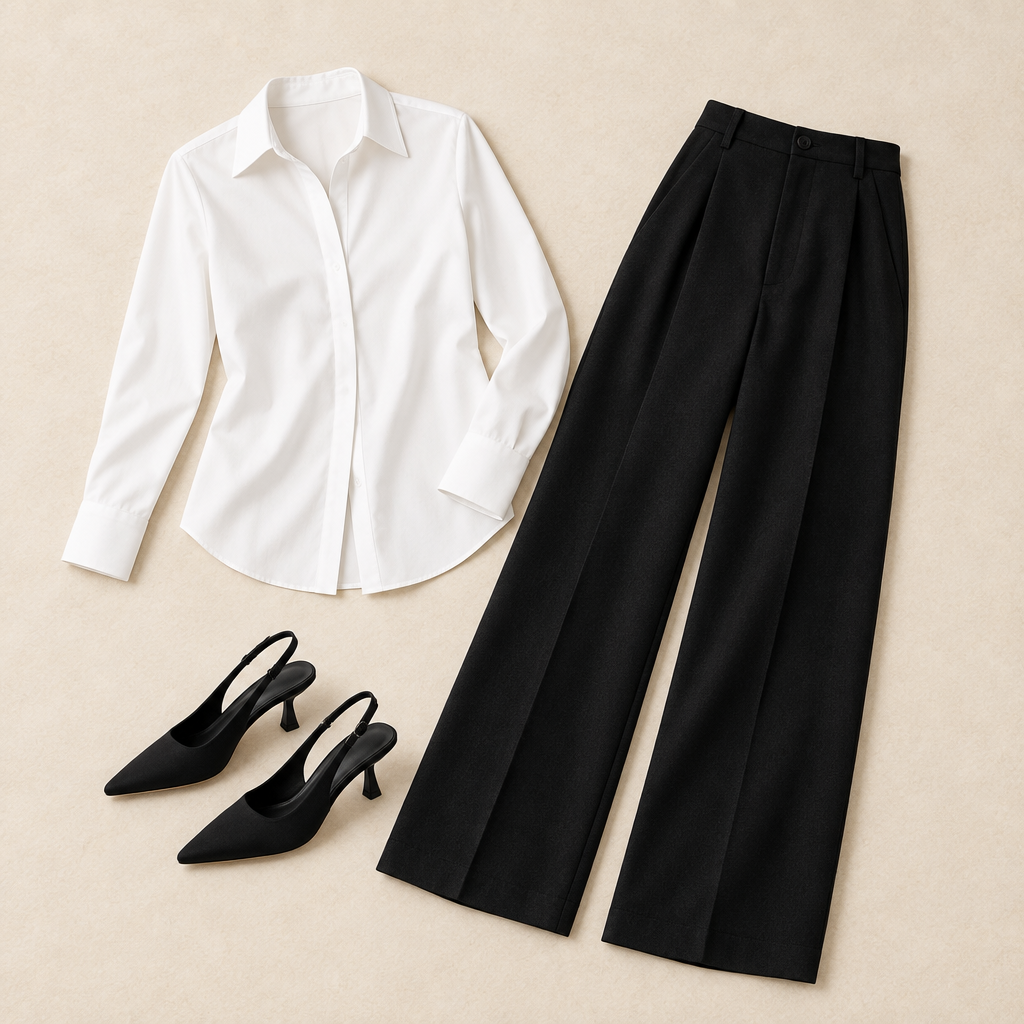 A styled flat-lay outfit on a warm beige background featuring a white long-sleeve button-up shirt, black wide-leg trousers, and black slingback pointed-toe heels.