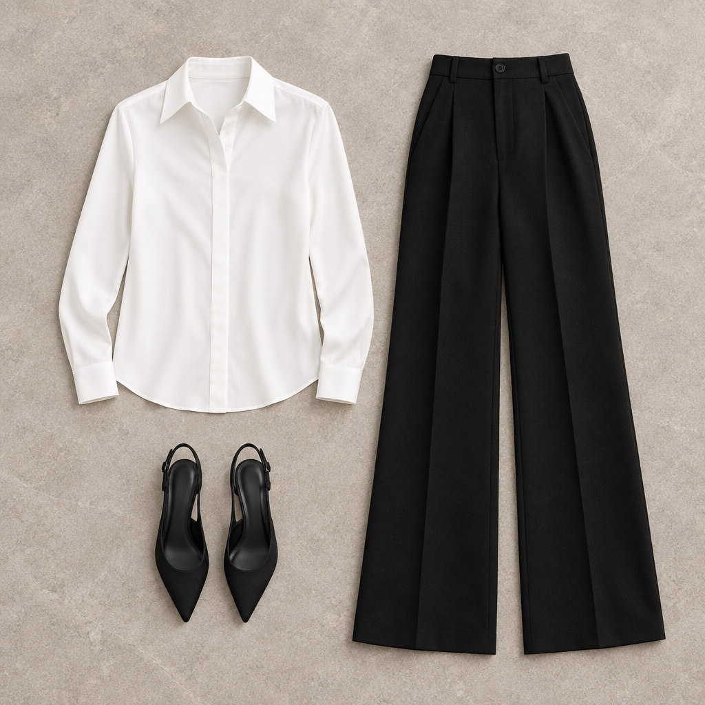 A styled flat-lay outfit featuring a white long-sleeve button-down shirt, black wide-leg pleated trousers, and black pointed slingback heels, arranged on a textured light gray background.
