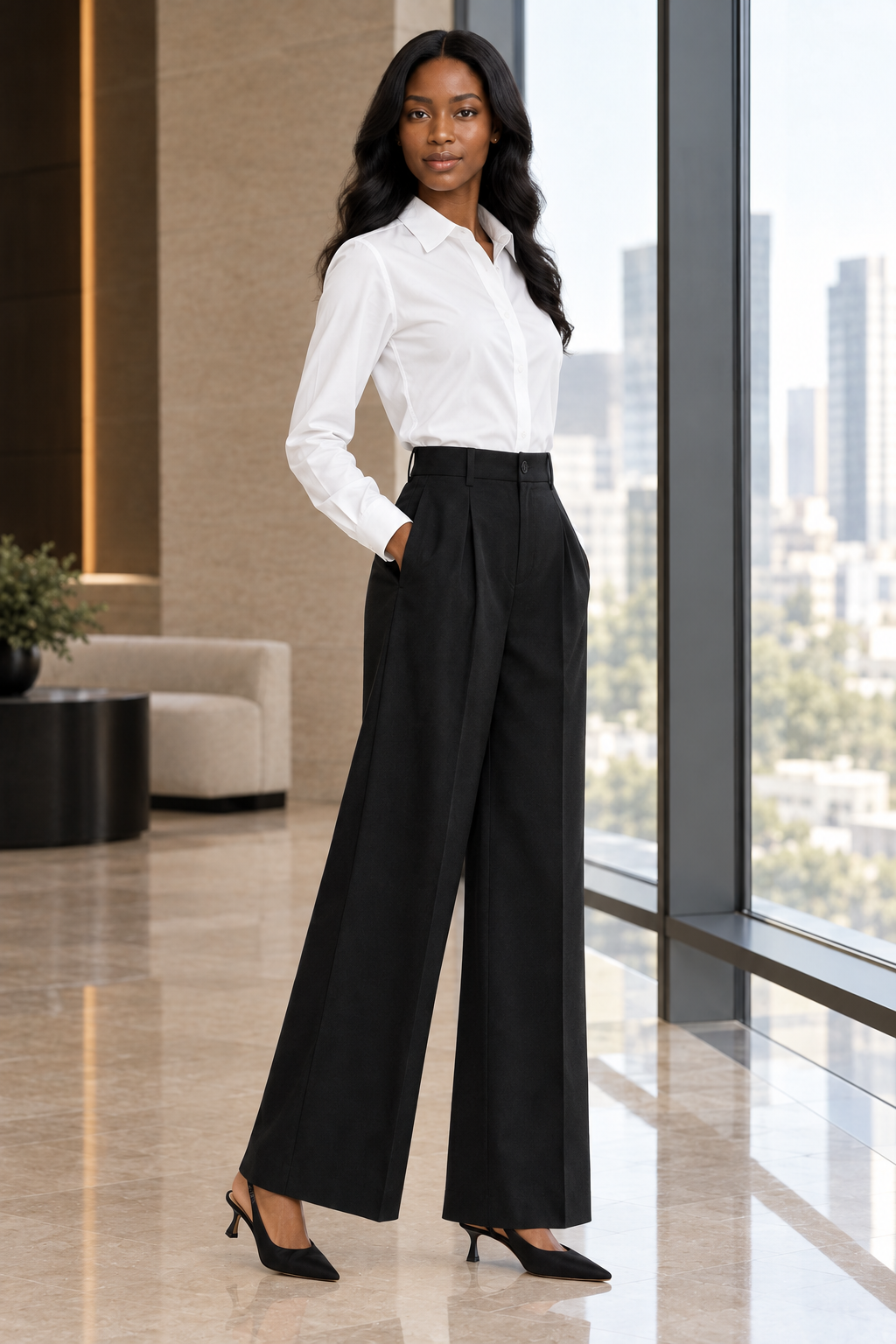 A woman stands in a modern office interior wearing a white long-sleeve button-up shirt and black wide-leg trousers with black pointed heels.