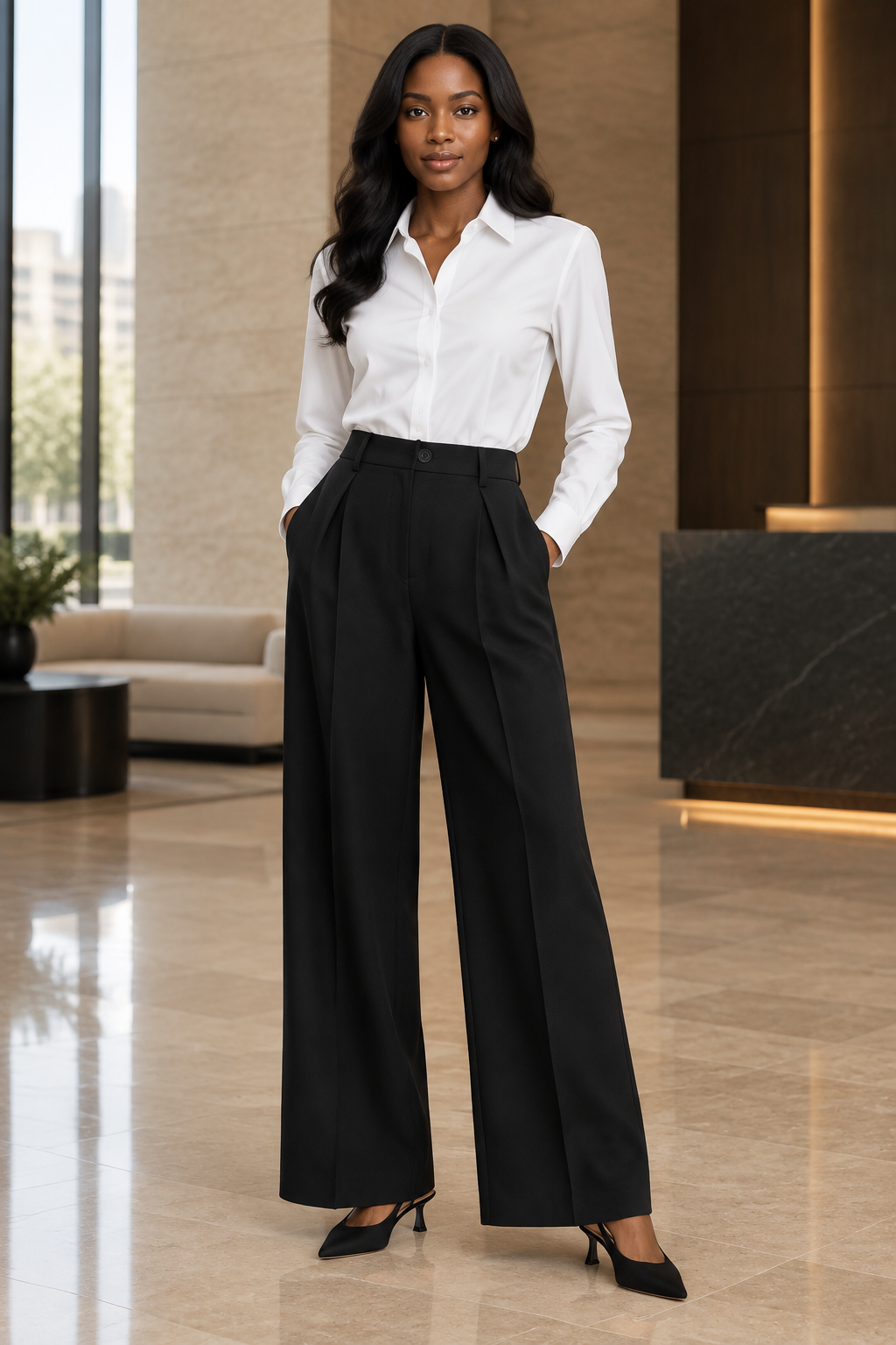 A woman stands in a modern office lobby wearing a crisp white button-down shirt tucked into high-waisted black wide-leg trousers with black pointed-toe heels.