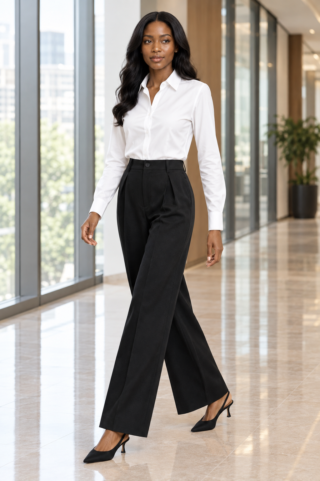 A woman walking in a modern office hallway wearing a white long-sleeve button-up shirt, black high-waisted wide-leg trousers, and black pointed-toe heels.