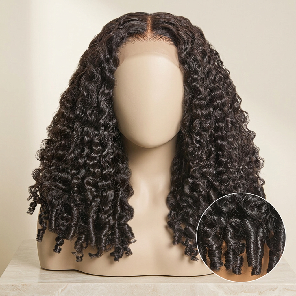 Wig edit with a new mannequin and boutique setting, preserving the original hair and detail inset