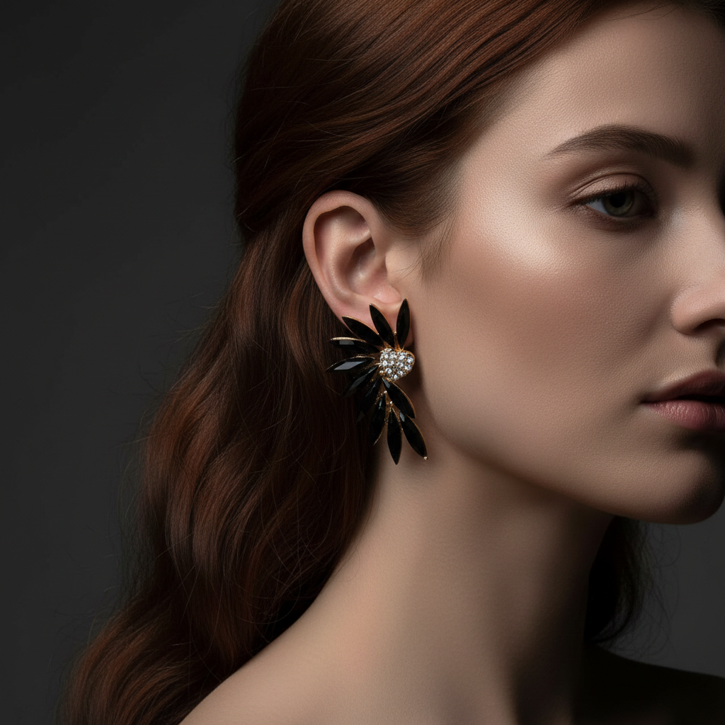 Wing Heart Studs Black
