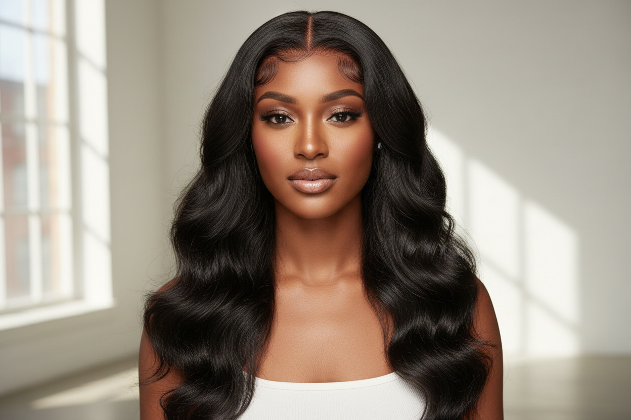woman wearing 5"x5" Body Wavy Wear & Go Glueless #1B Lace Closure Wig-100% Human Hair