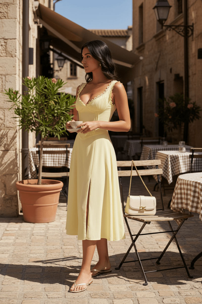 Scalloped V-Neck Midi Dress with Back Lace-Up | 2 Colors - The PM Edit