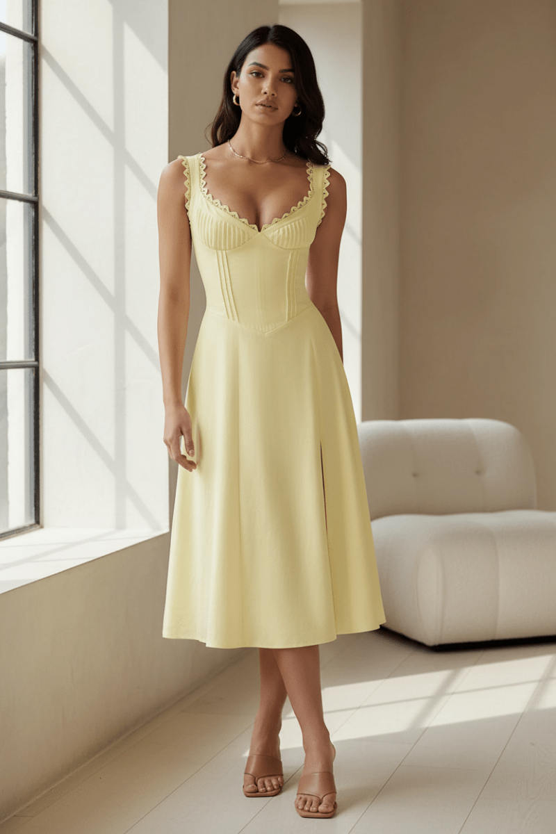 Scalloped V-Neck Midi Dress with Back Lace-Up | 2 Colors - The PM Edit