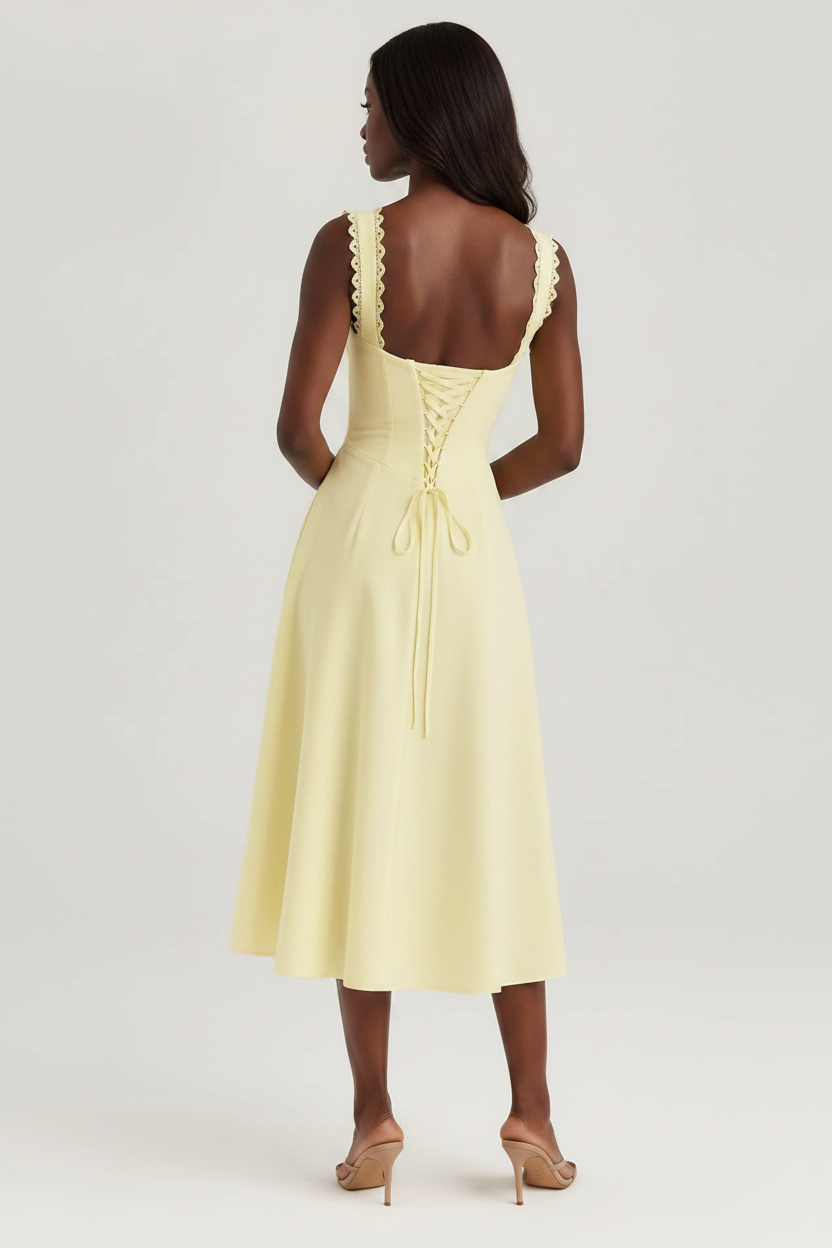 Yellow scalloped midi dress, back detail