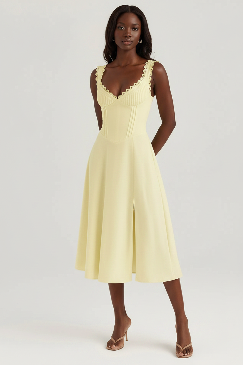 Yellow scalloped V-neck midi dress