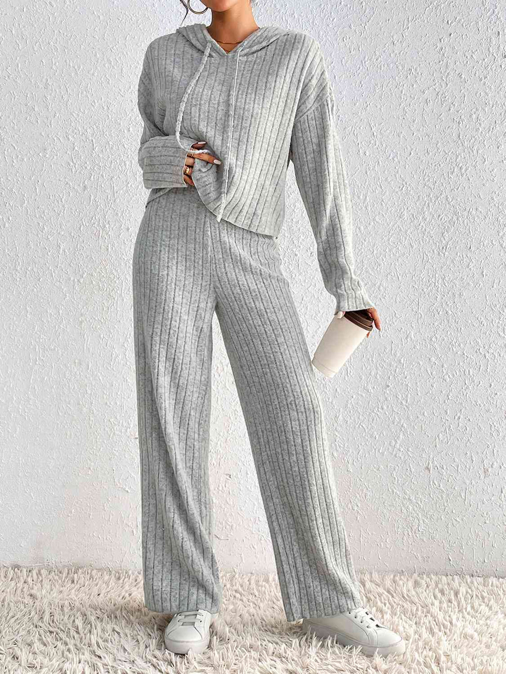 Ribbed Knit Cropped Hoodie & Wide-Leg Pants Set | Loungewear Co-ord