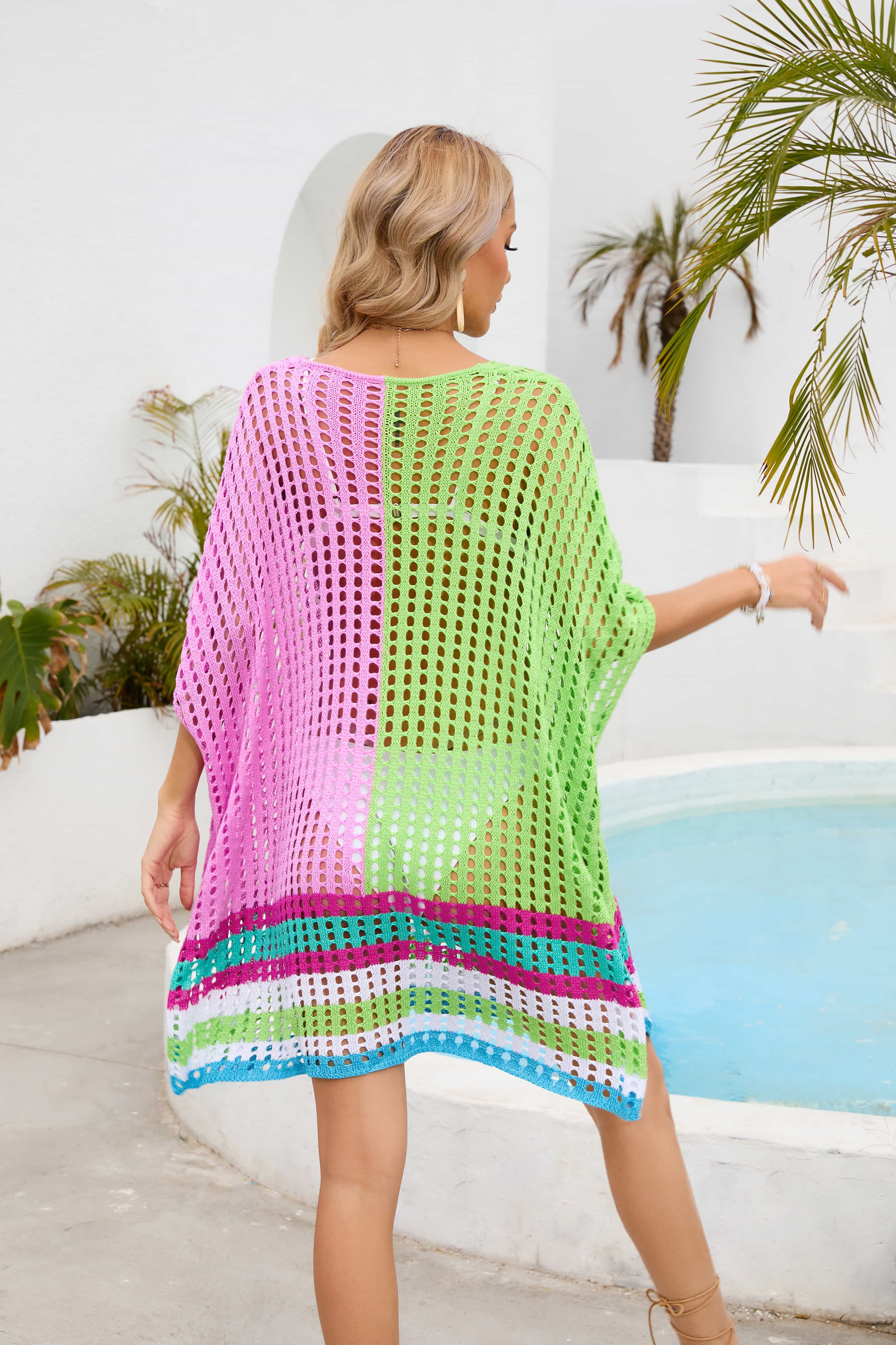 Contrast Openwork Half Sleeve Scoop Neck Cover-Up